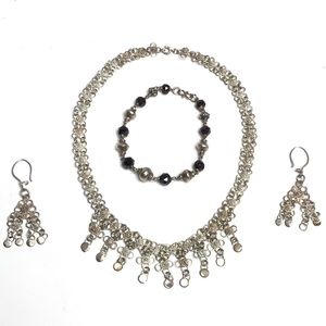 Set Necklace bracelet pierced earrings Solver Tone